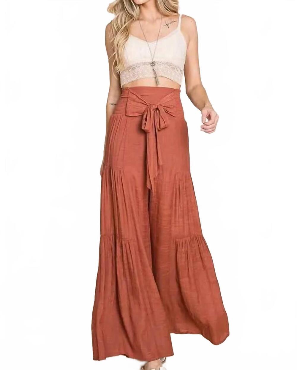 NEW JADE BY JANE tie front ruched waist back pants in rust